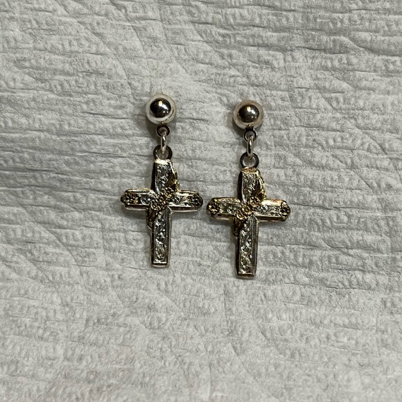 Montana Silversmith Silver silver cross post dangle earrings wrapped gold roses - Picture 11 of 14